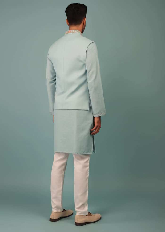 Powder Blue Bandi Jacket Set In Handloom With Pink & Brown Floral Jaal Embroidery