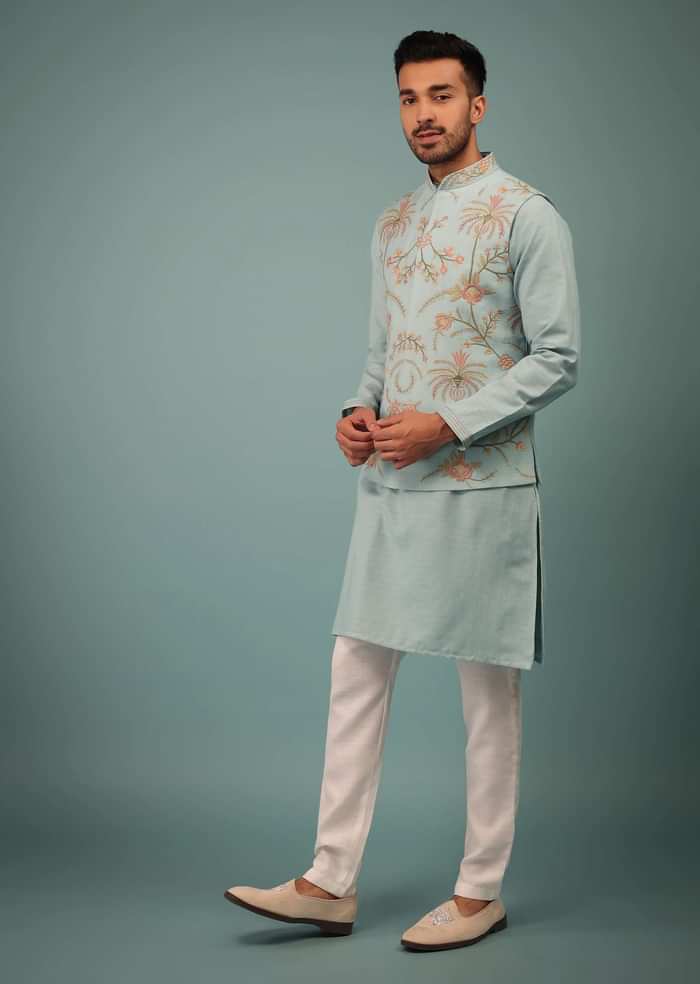 Powder Blue Bandi Jacket Set In Handloom With Pink & Brown Floral Jaal Embroidery