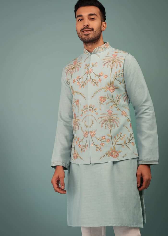 Powder Blue Bandi Jacket Set In Handloom With Pink & Brown Floral Jaal Embroidery