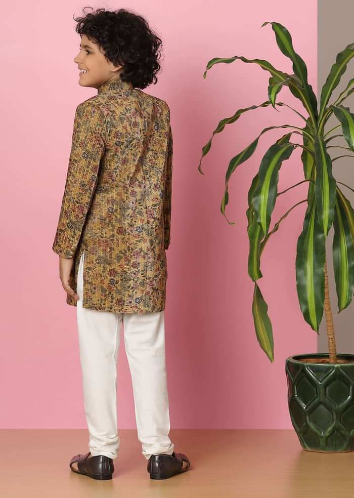 Kalki Caramel Brown Sherwani Set In Velvet For Boys
