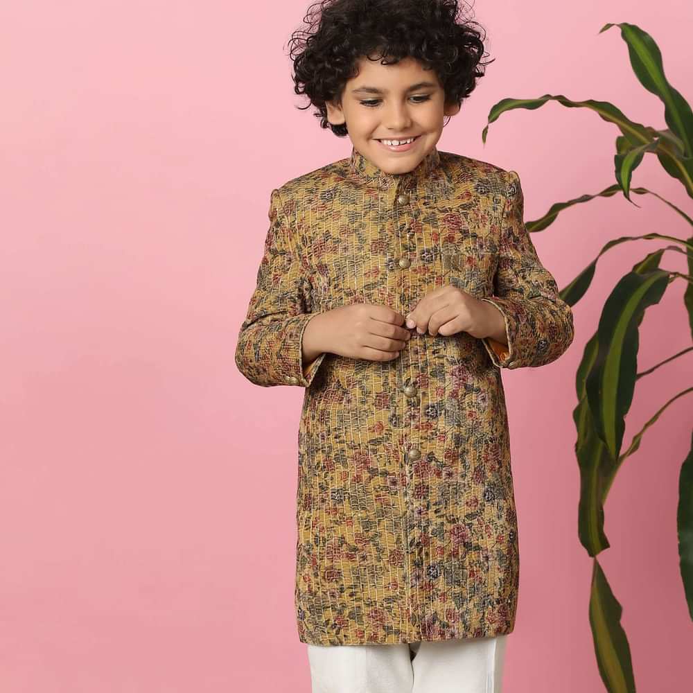 Kalki Caramel Brown Sherwani Set In Velvet For Boys