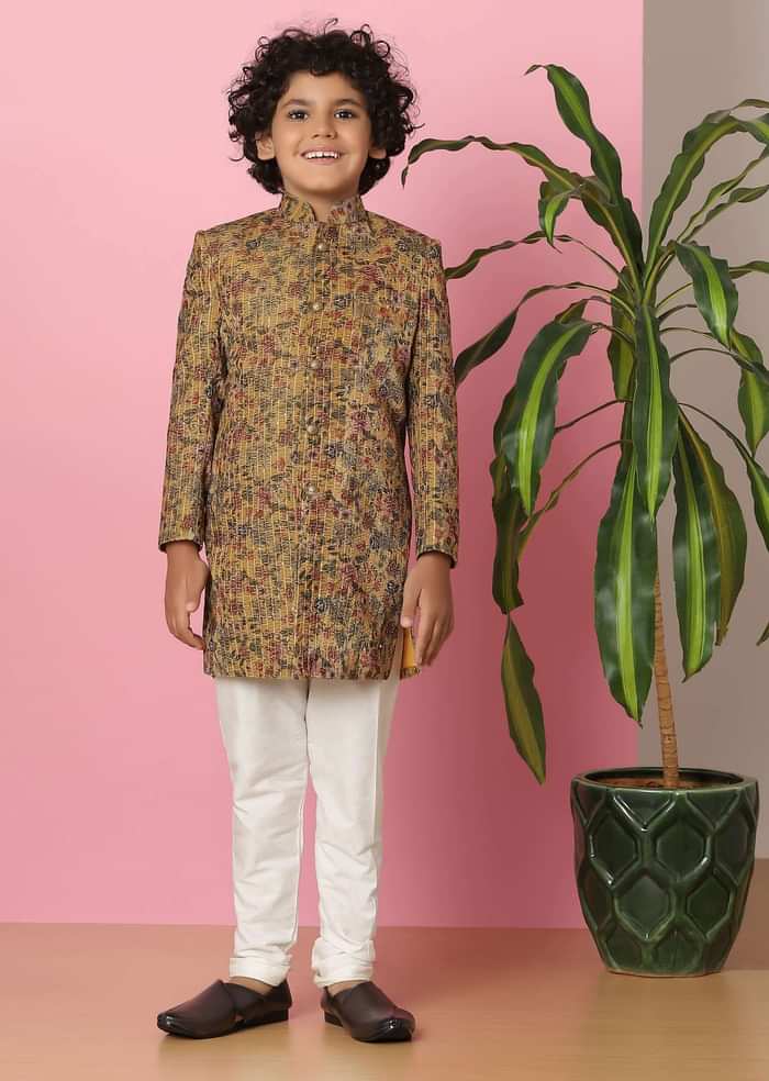 Kalki Caramel Brown Sherwani Set In Velvet For Boys
