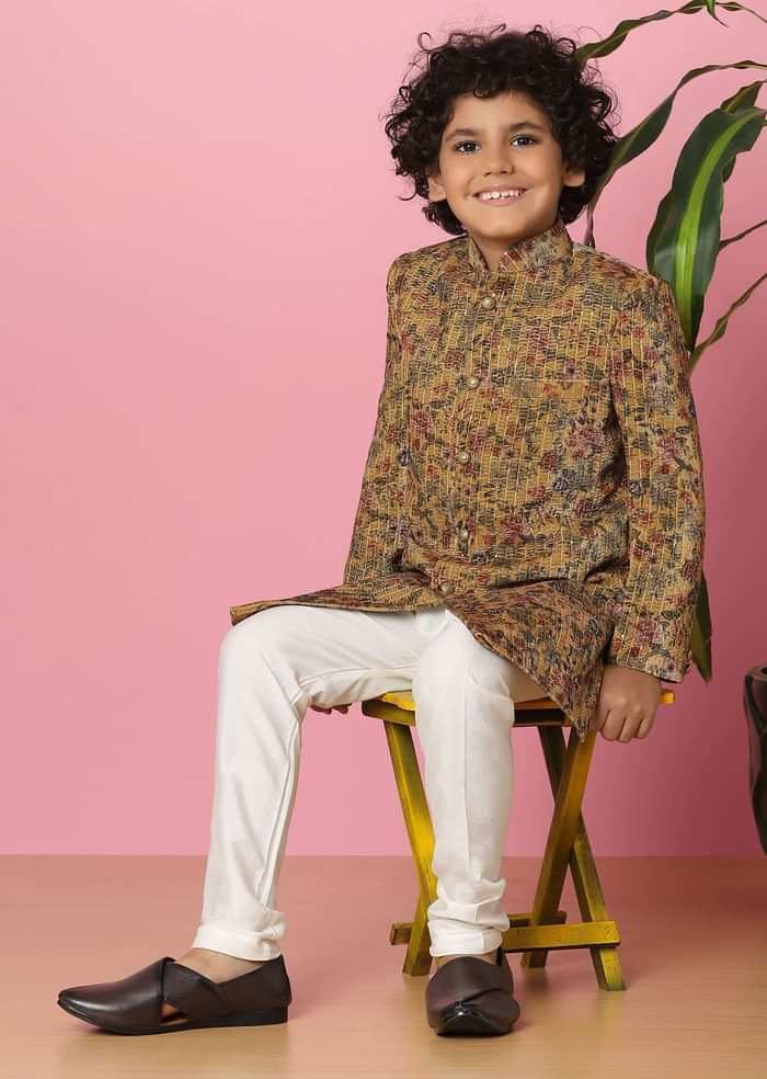 Kalki Caramel Brown Sherwani Set In Velvet For Boys