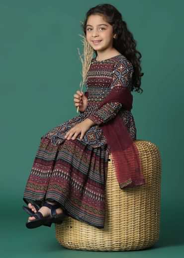 Kalki Chocolate Brown Kurta And Sharara Set In Satin Blend With Abla Work For Girls