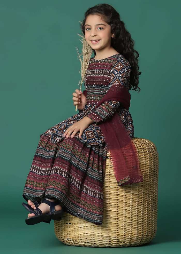 Kalki Chocolate Brown Kurta And Sharara Set In Satin Blend With Abla Work For Girls