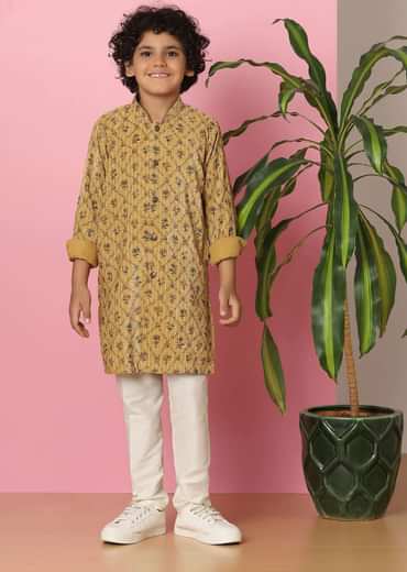Kalki Chrome Yellow Boys Kurta Set In Silk With Sequins And Threadwork