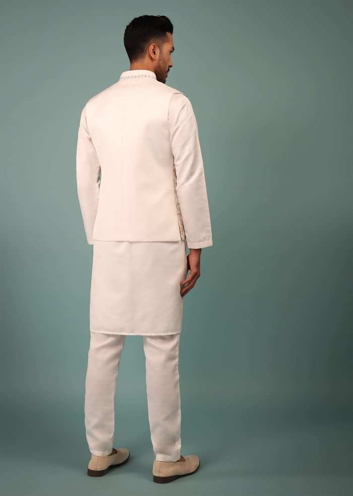Cloud White Bandi Jacket Set In Raw Silk With Floral Embroidery