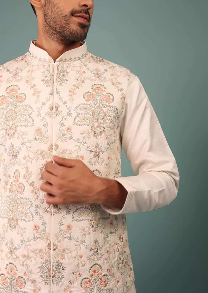 Cloud White Bandi Jacket Set In Raw Silk With Floral Embroidery