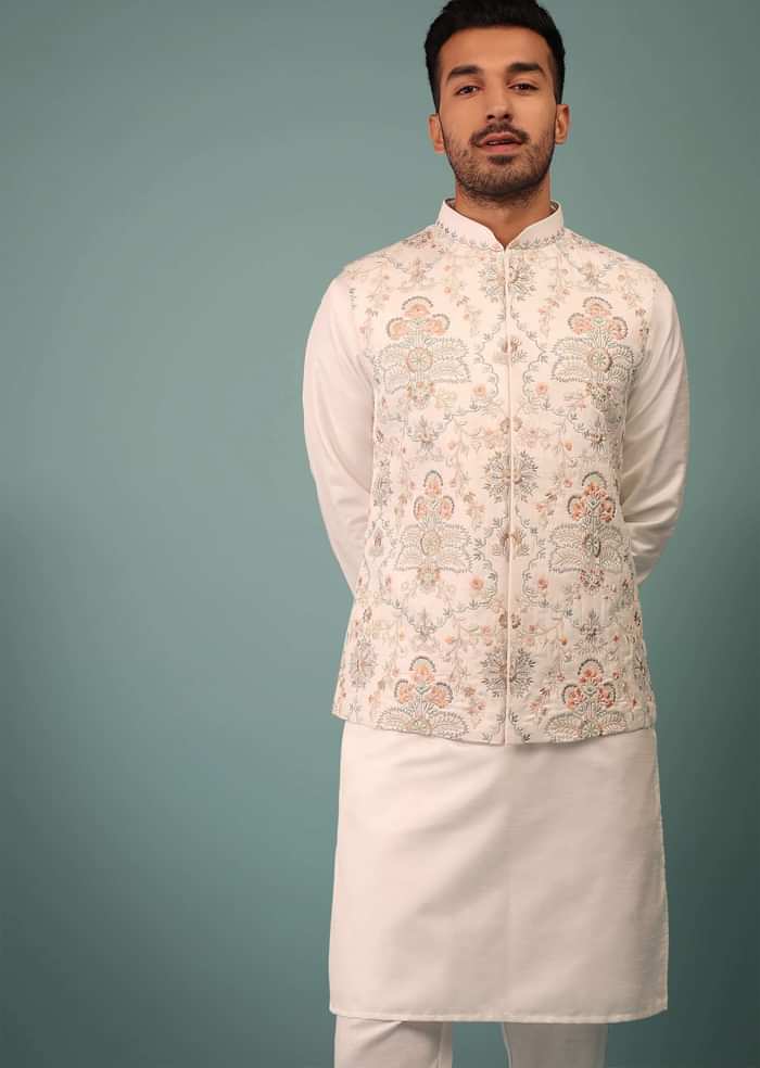 Cloud White Bandi Jacket Set In Raw Silk With Floral Embroidery