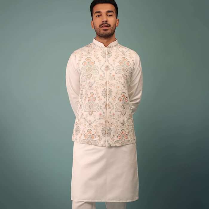 Cloud White Bandi Jacket Set In Raw Silk With Floral Embroidery