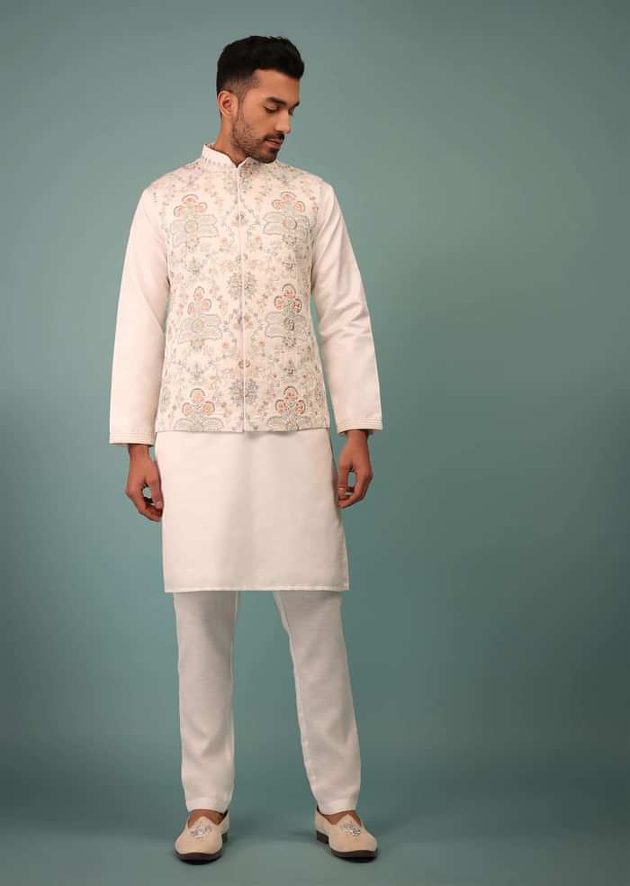 Cloud White Bandi Jacket Set In Raw Silk With Floral Embroidery