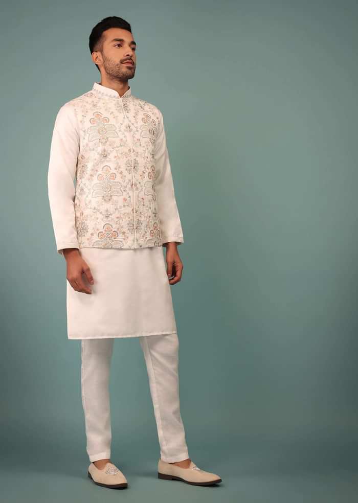 Cloud White Bandi Jacket Set In Raw Silk With Floral Embroidery