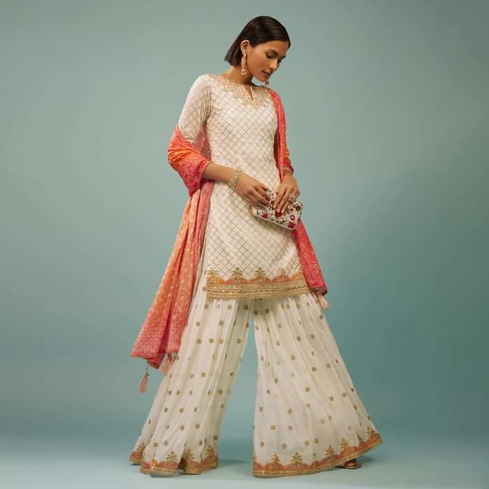 Daisy White Sharara Suit With Embroidery And Bandhani Dupatta