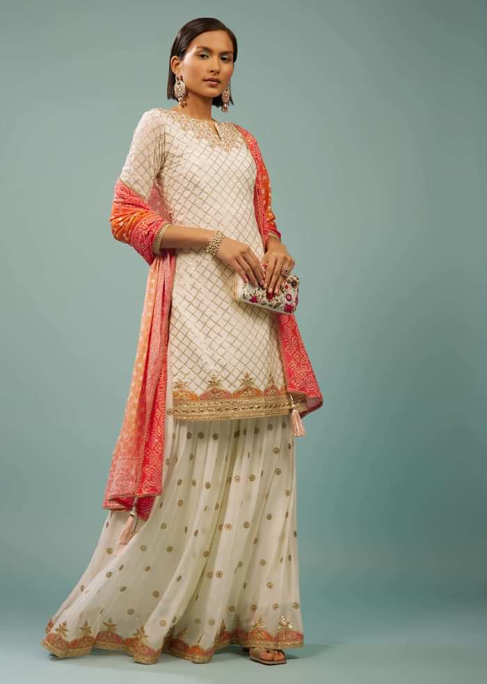 Daisy White Sharara Suit With Embroidery And Bandhani Dupatta