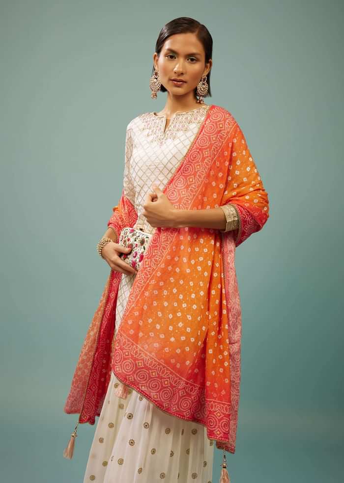Daisy White Sharara Suit With Embroidery And Bandhani Dupatta