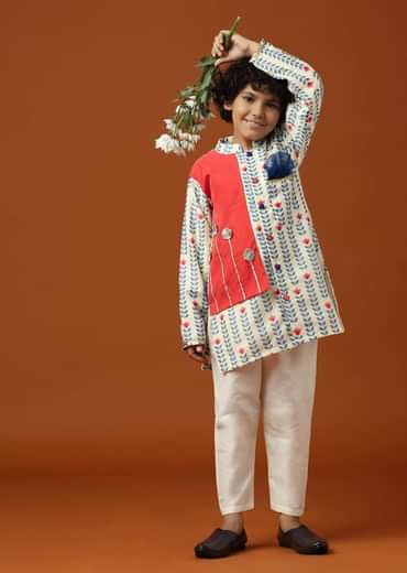 Kalki Coral White Printed Kurta Set In Cotton Silk For Boys