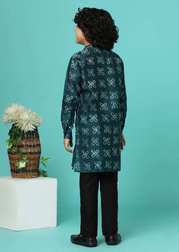 Kalki Deep Green Printed Kurta Set In Tussar Silk For Boys