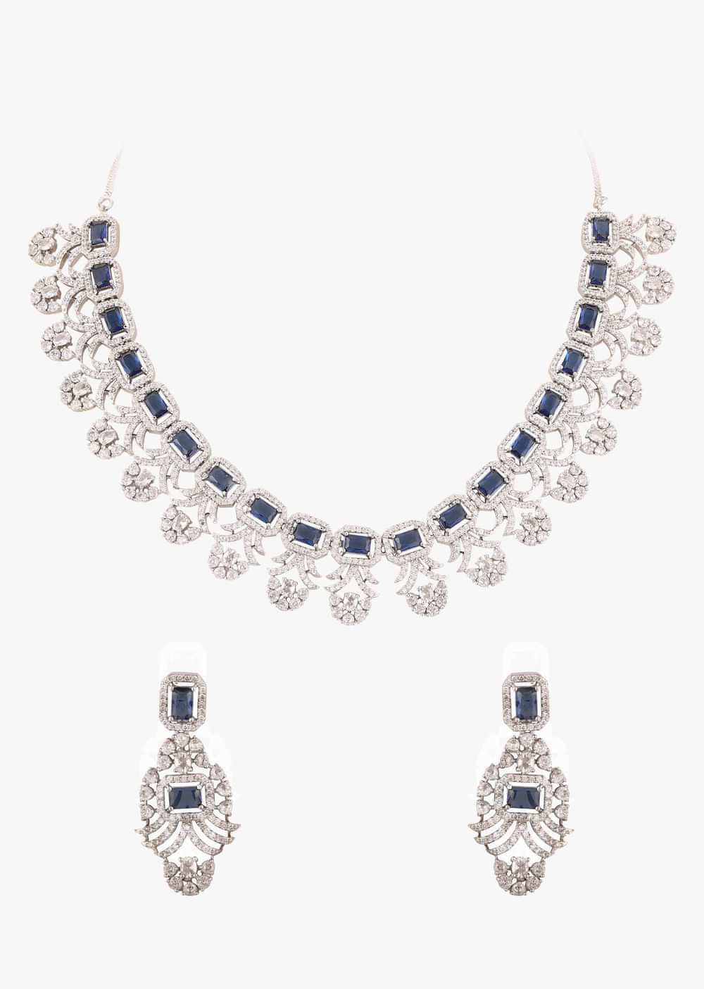 Diamond Jewelry Set With Silver Plating And Navy Blue Stones