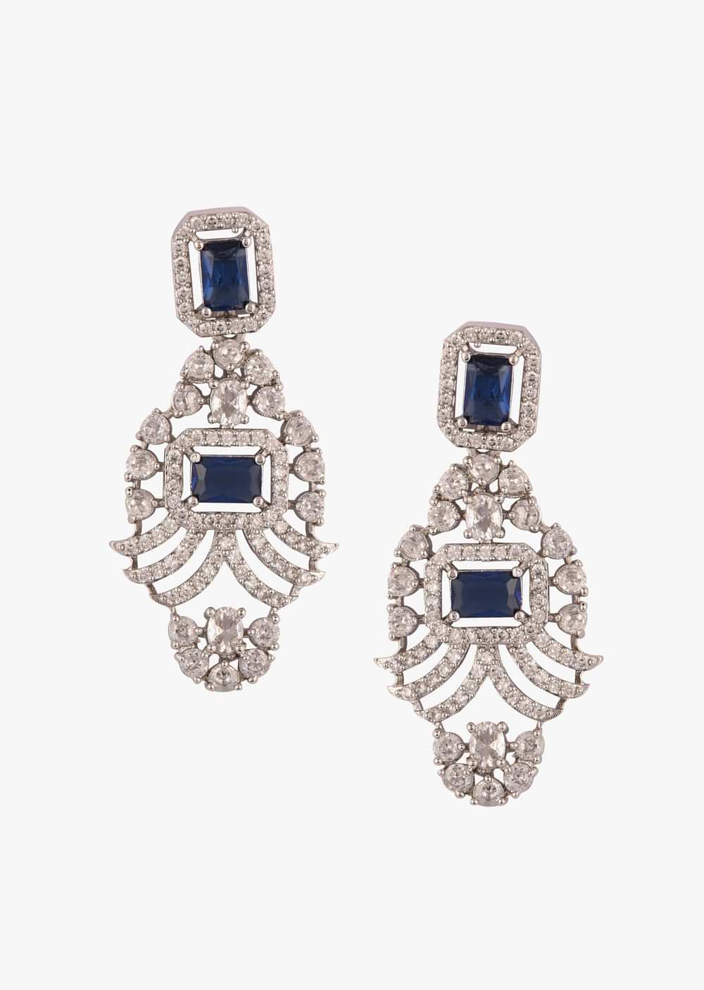 Diamond Jewelry Set With Silver Plating And Navy Blue Stones