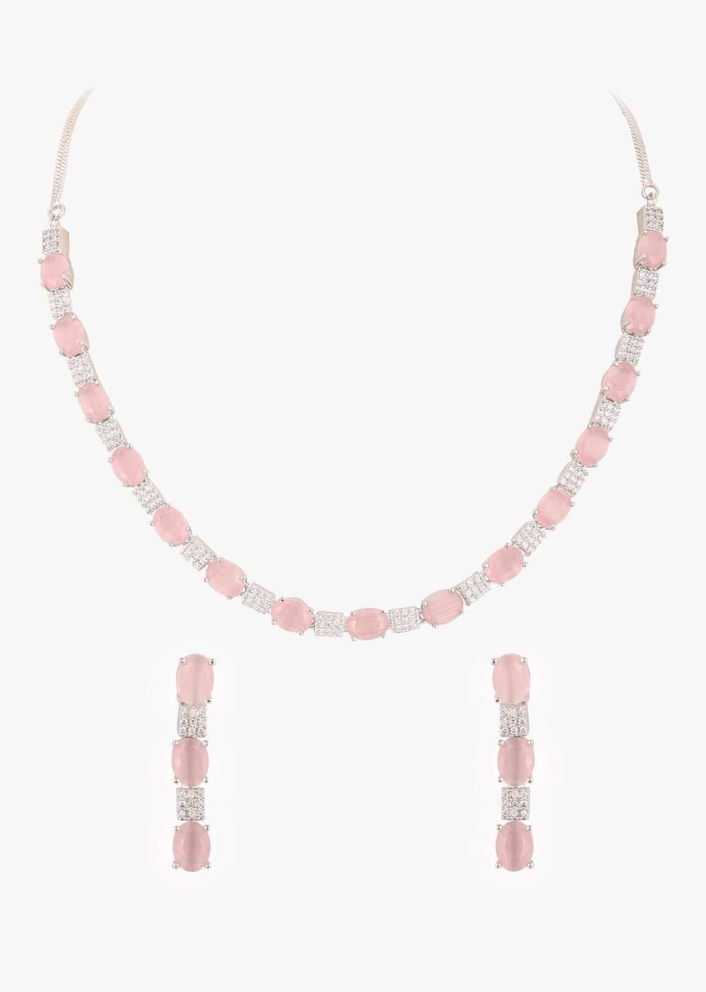 Diamond Necklace Set With Silver Plating And Baby Pink Stones