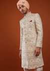 Ivory Sherwani In Silk With Embroidery