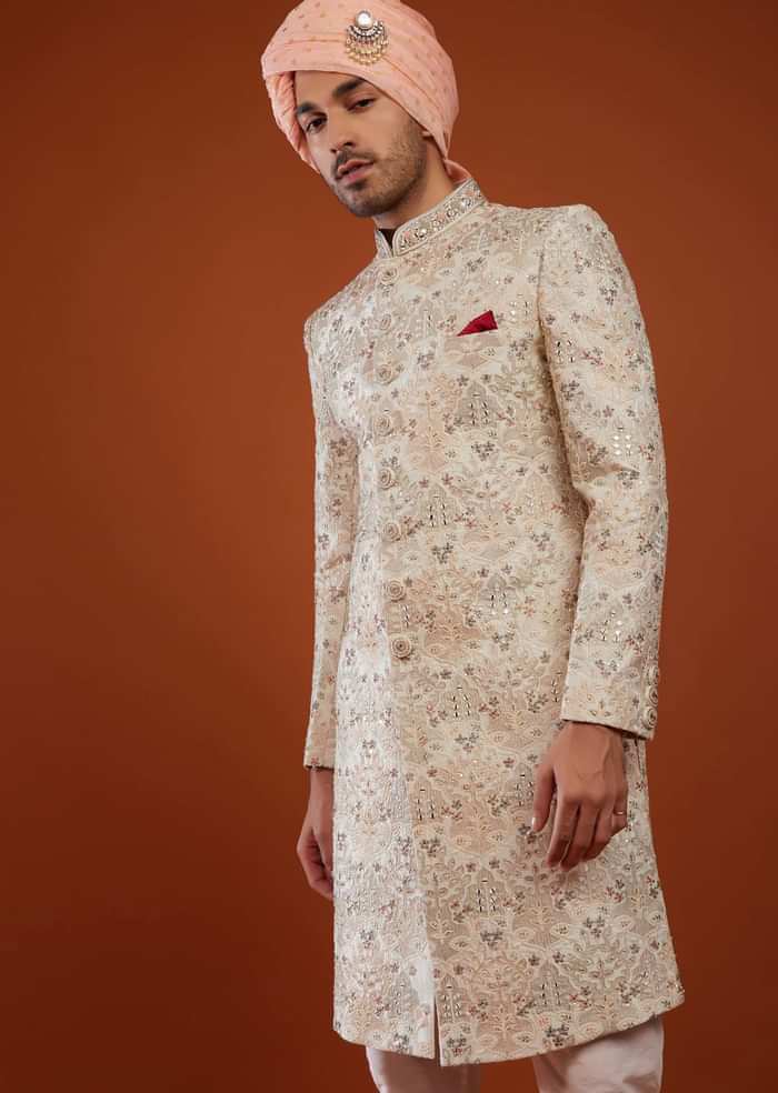 Ivory Sherwani In Silk With Embroidery