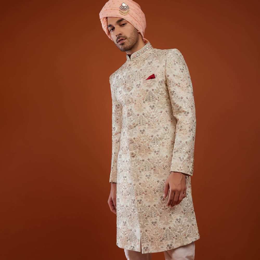 Ivory Sherwani In Silk With Embroidery