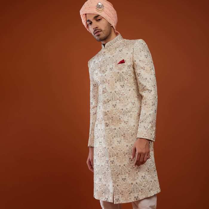 Ivory Sherwani In Silk With Embroidery