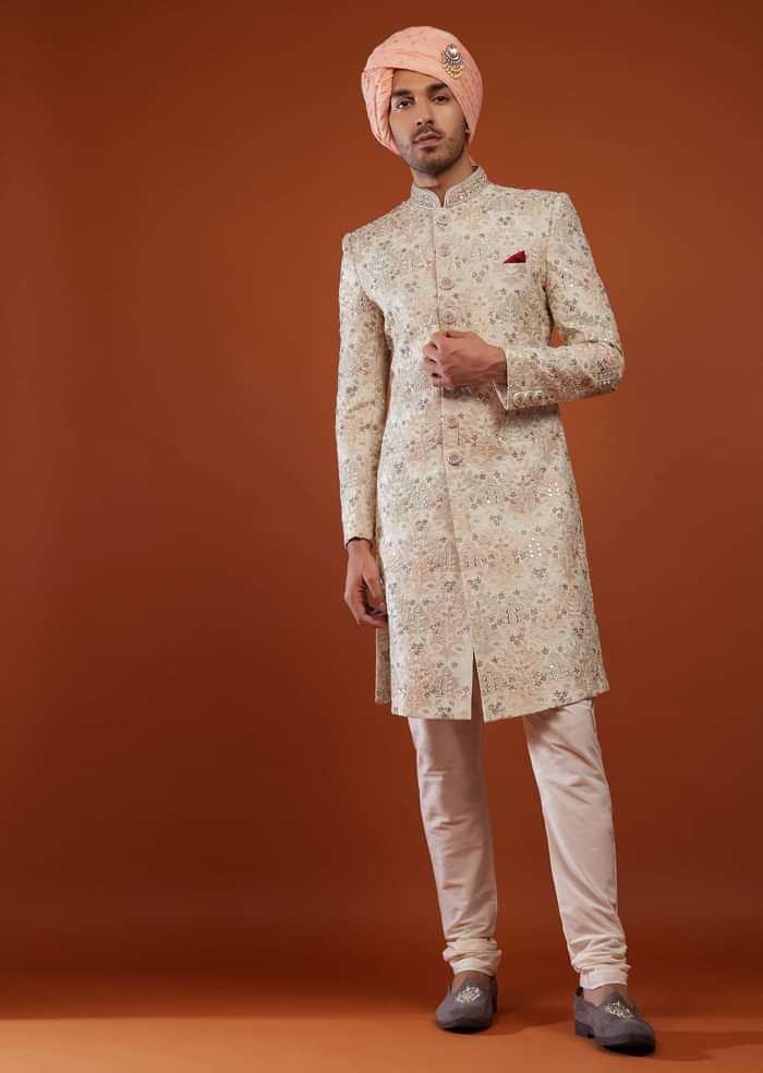 Ivory Sherwani In Silk With Embroidery