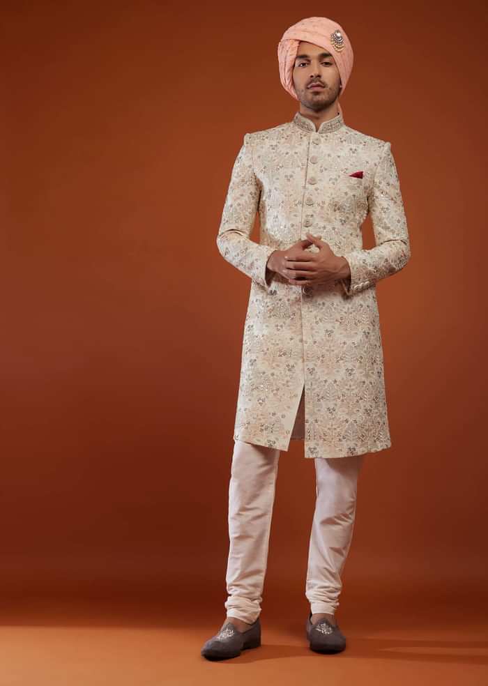 Ivory Sherwani In Silk With Embroidery