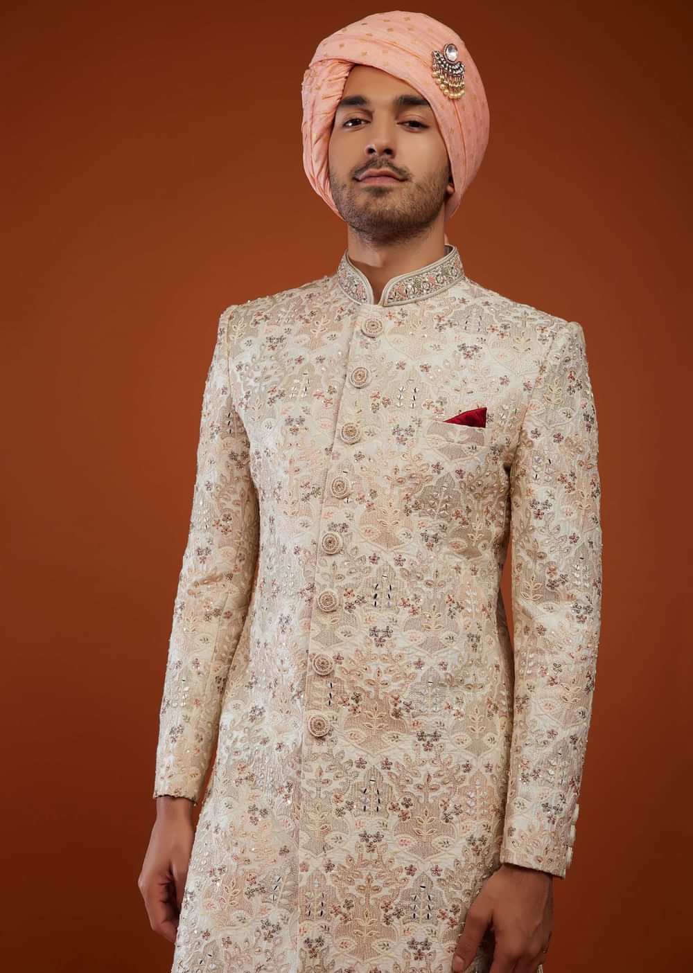Ivory Sherwani In Silk With Embroidery