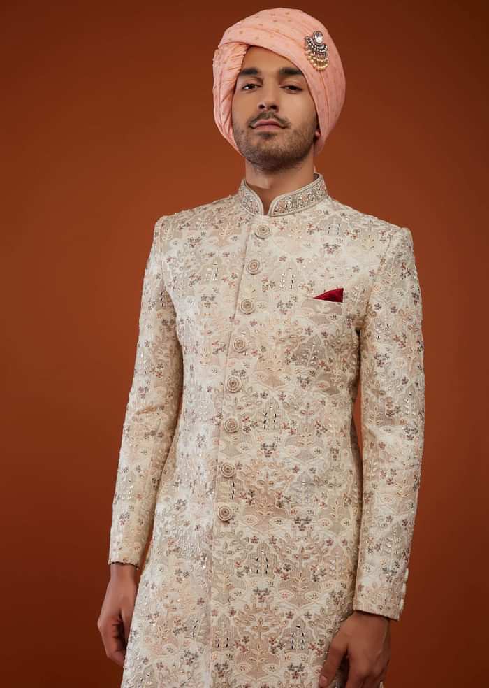 Ivory Sherwani In Silk With Embroidery