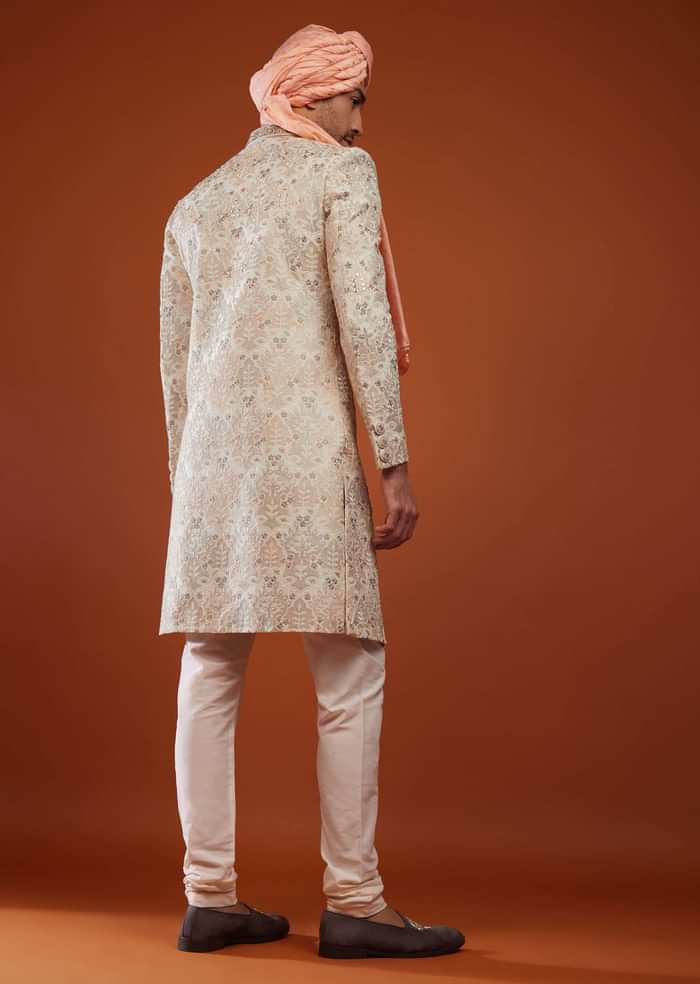 Ivory Sherwani In Silk With Embroidery