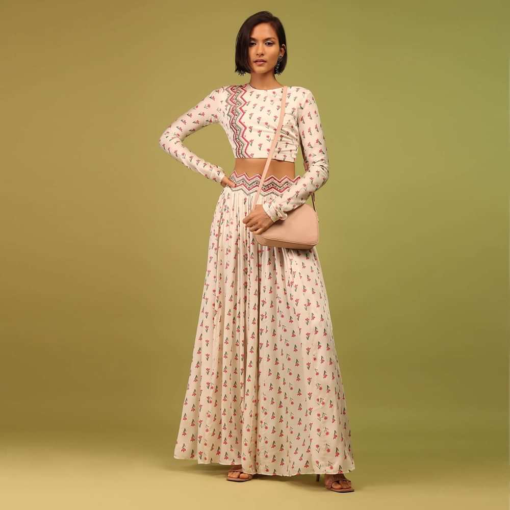 Daisy White Crop Top And Lehenga In Cotton Silk With Floral Print & Embroidery