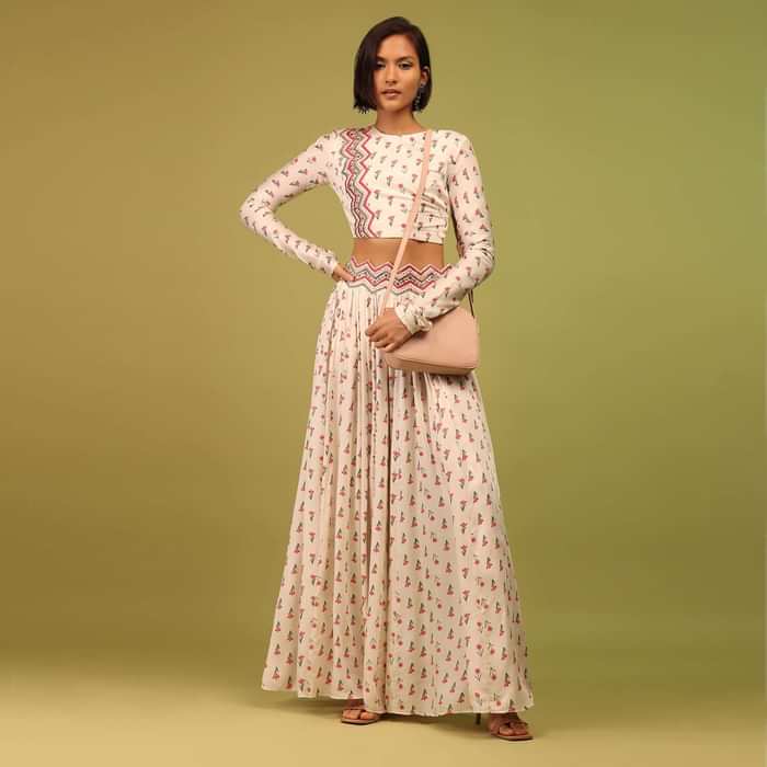Daisy White Crop Top And Lehenga In Cotton Silk With Floral Print & Embroidery