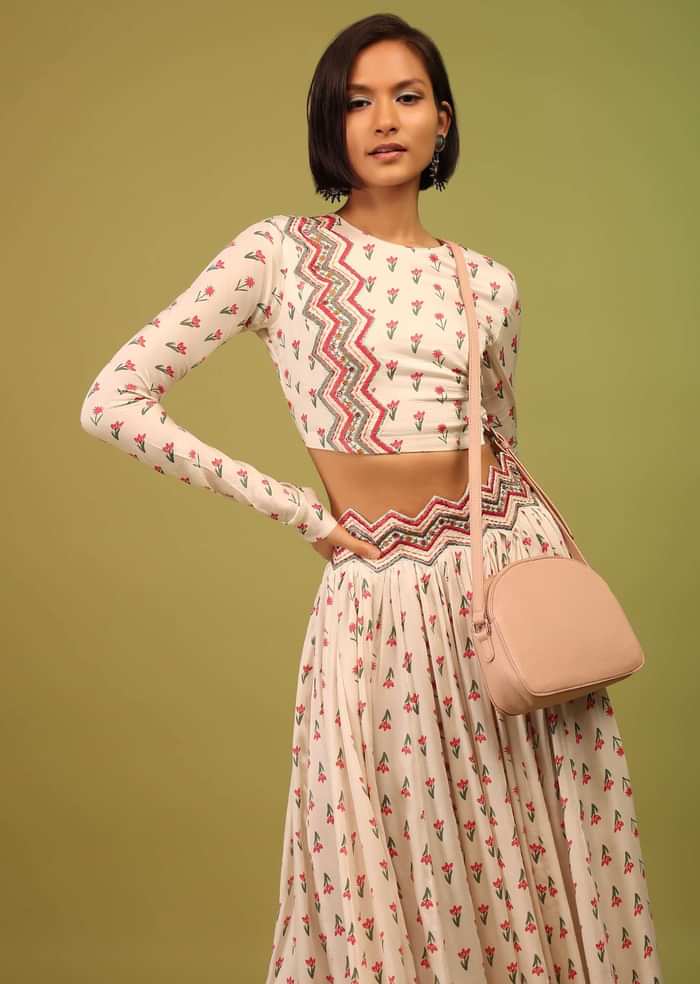 Daisy White Crop Top And Lehenga In Cotton Silk With Floral Print & Embroidery