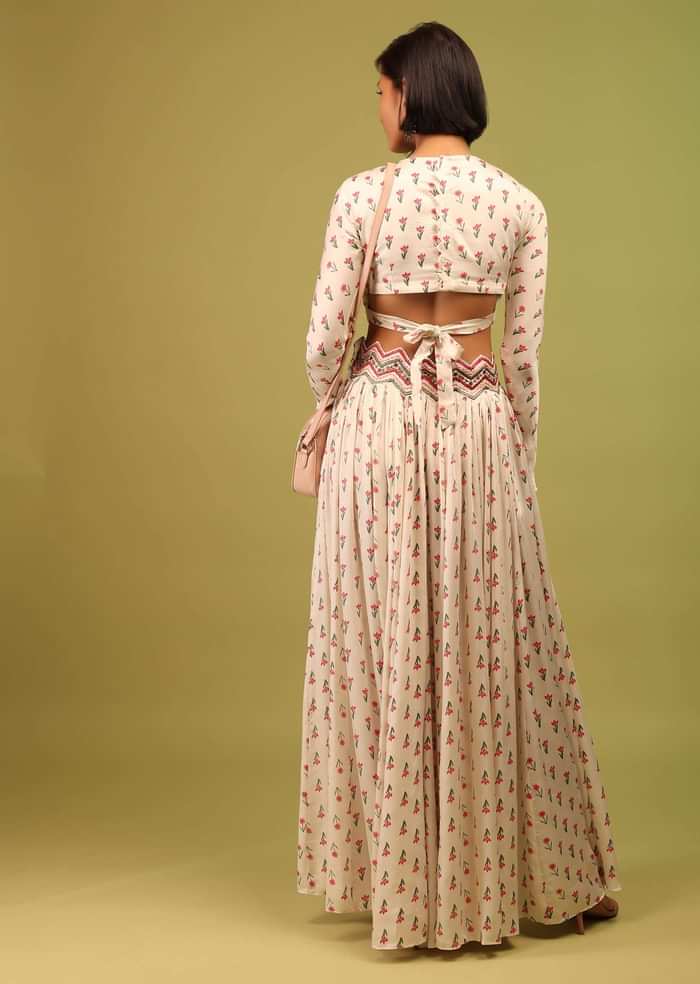 Daisy White Crop Top And Lehenga In Cotton Silk With Floral Print & Embroidery