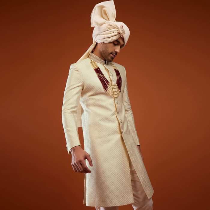 Kalki Egret White Festive Sherwani Set With Embroidery
