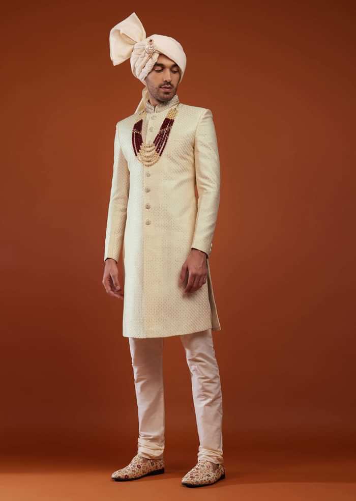 Kalki Egret White Festive Sherwani Set With Embroidery
