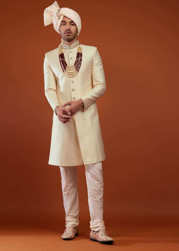 Kalki Egret White Festive Sherwani Set With Embroidery