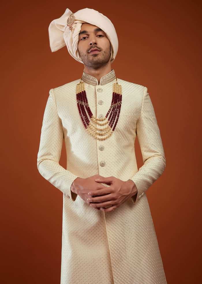 Kalki Egret White Festive Sherwani Set With Embroidery