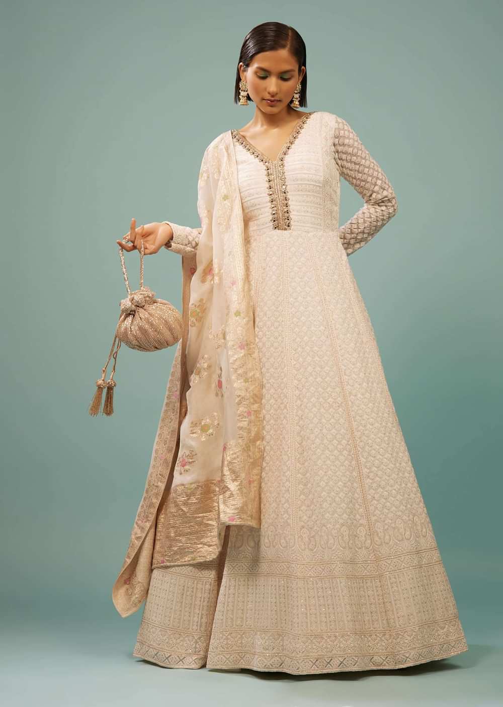 Daisy White Lucknowi Anarkali Suit In Georgette With Embroidery