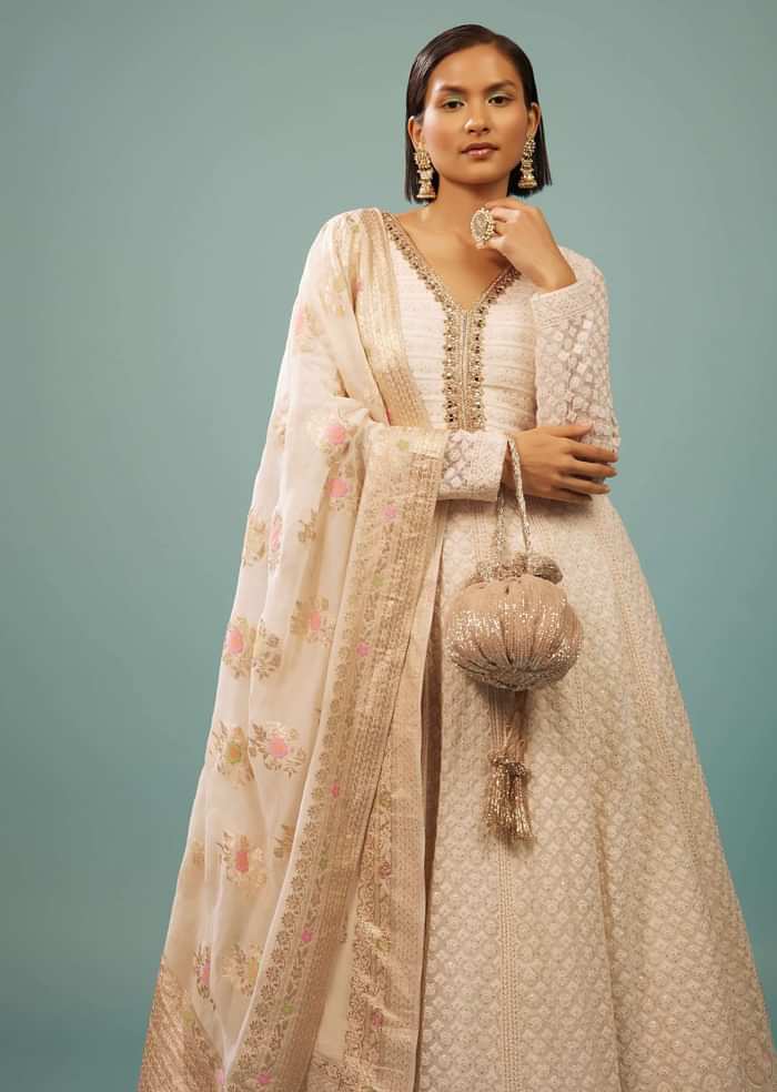 Daisy White Lucknowi Anarkali Suit In Georgette With Embroidery