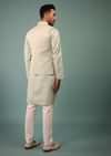 Light Jade Blue Bandi Jacket Set In Raw Silk With Floral Embroidery