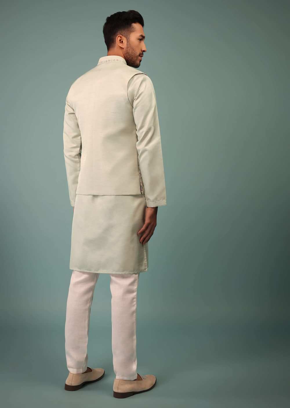 Light Jade Blue Bandi Jacket Set In Raw Silk With Floral Embroidery