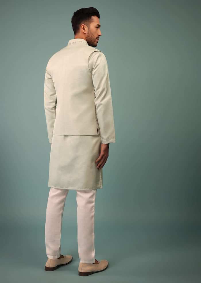 Light Jade Blue Bandi Jacket Set In Raw Silk With Floral Embroidery