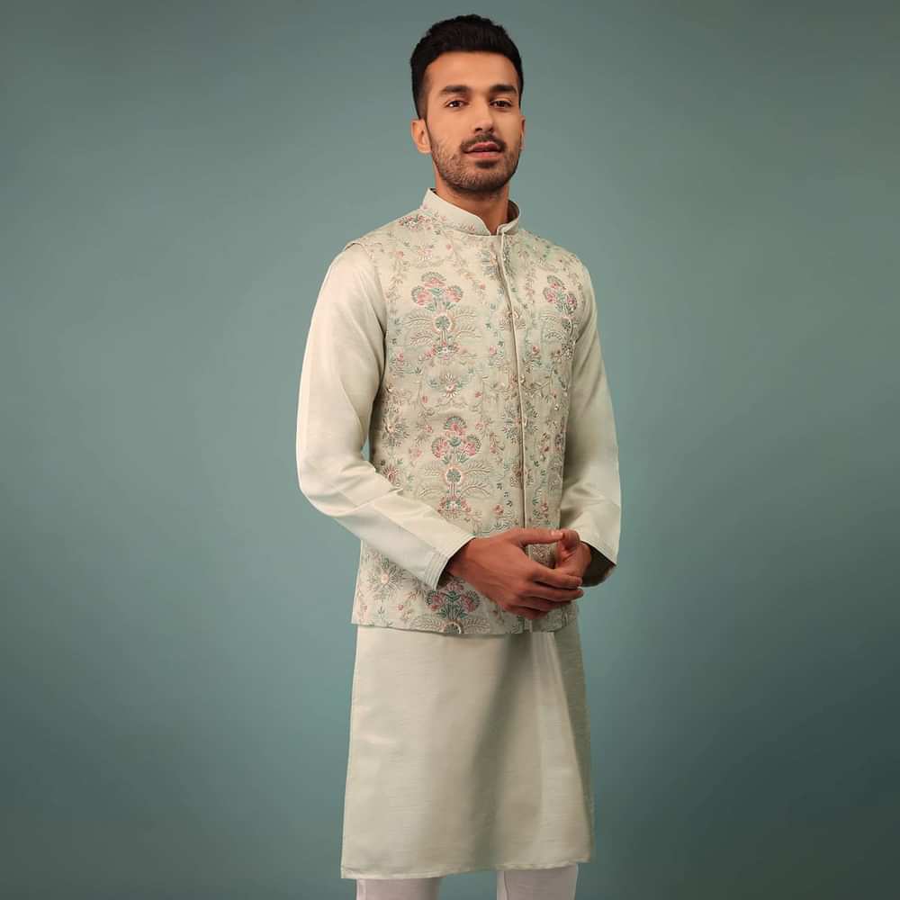 Light Jade Blue Bandi Jacket Set In Raw Silk With Floral Embroidery