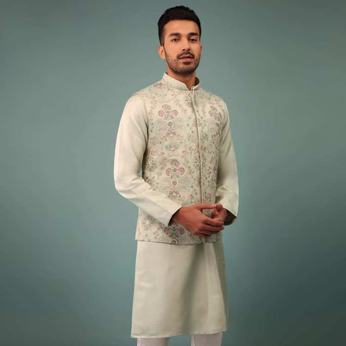 Light Jade Blue Bandi Jacket Set In Raw Silk With Floral Embroidery