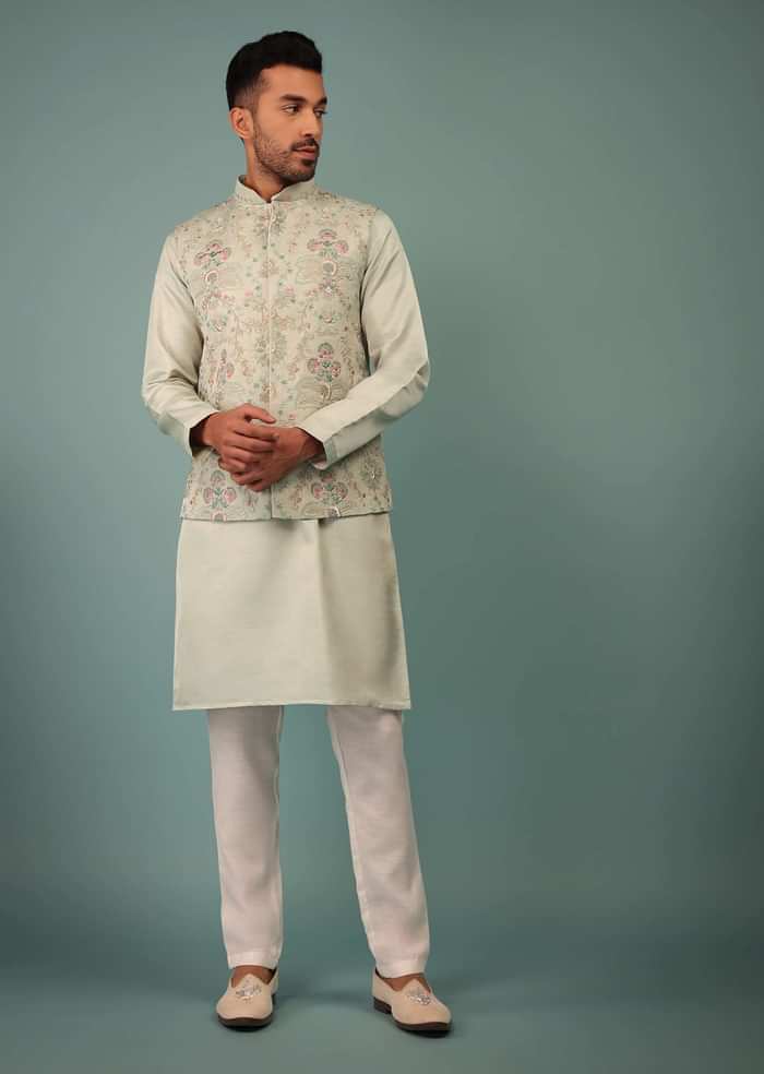 Light Jade Blue Bandi Jacket Set In Raw Silk With Floral Embroidery