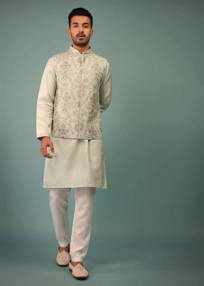 Light Jade Blue Bandi Jacket Set In Raw Silk With Floral Embroidery